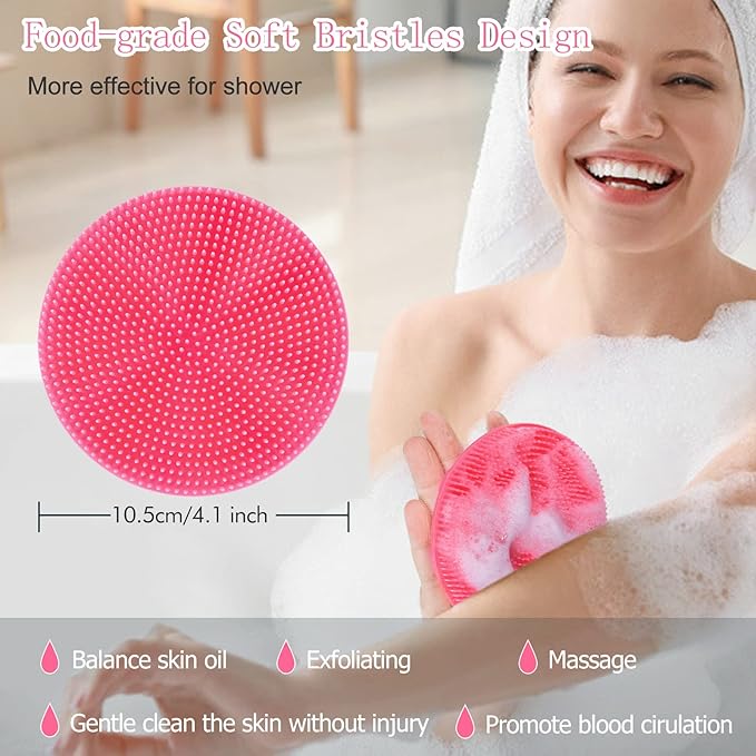 INNERNEED Food-Grade Soft Silicone Body Scrubber Shower Brush Handheld Cleansing Skin Brush, Gentle Exfoliating and Lather Well (Pink)