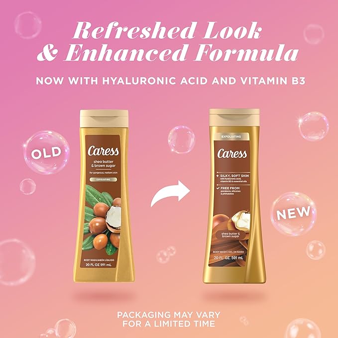 Caress Body Wash for Women, Shea Butter & Brown Sugar, Hydrating and Exfoliating Shower Gel for Gorgeous Radiant Skin, 20 fl oz, 4 Pack