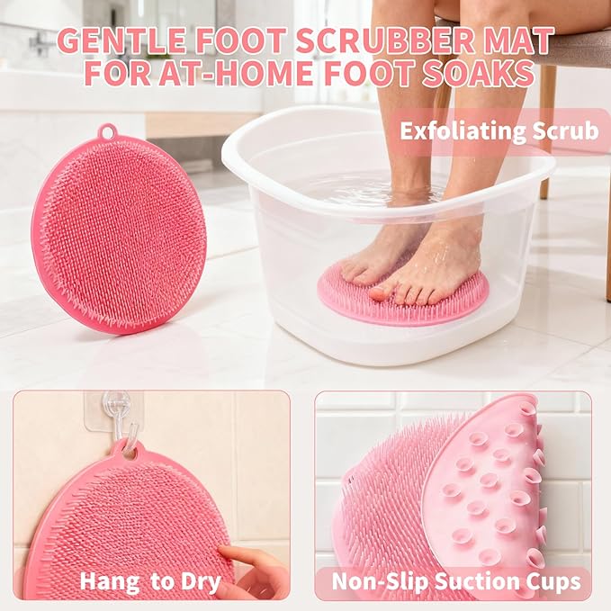 2 Pack Shower Foot Scrubber & Shower Back Scrubber Wall Mounted with Delicate Brush,Circular Design Shower Back Scrubber,Non-Slip Foot Scrubber Mat(Grey and Pink)