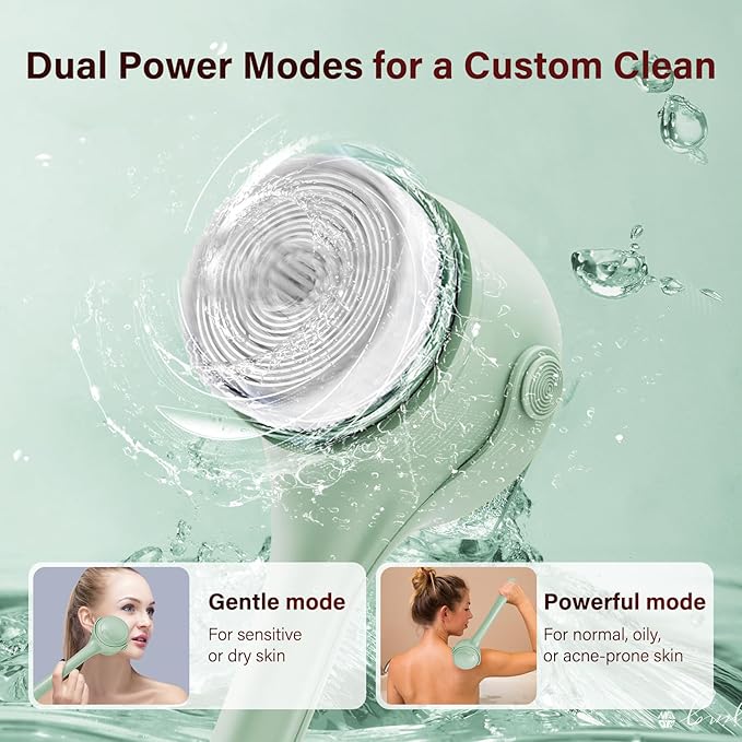 Electric Body Brush Back Scrubber for Shower, 8 Replaceable Heads and Hook, Long Handle, 2-Speed, Type-C Rechargeable, Waterproof, for Cleansing, Exfoliating and Massaging Skin（Apricot）