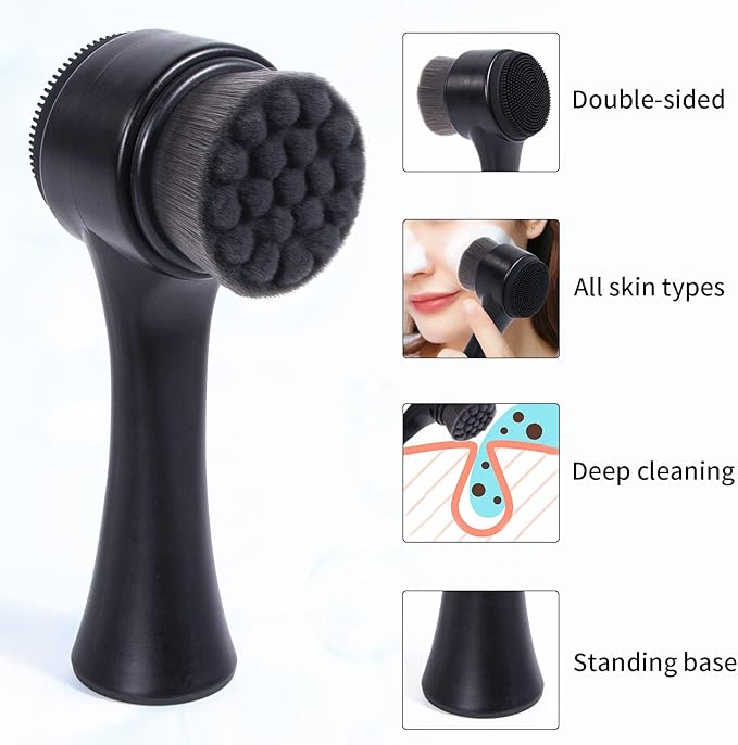 Face Brush 2 in 1, Silicone Facial Cleansing Exfoliating Brush Soft Bristles Pore Deep Cleansing, Jade Face Roller Skin Care Tools, Manual Dual Face Wash Scrub Brush Massaging Gift, BlackGreen