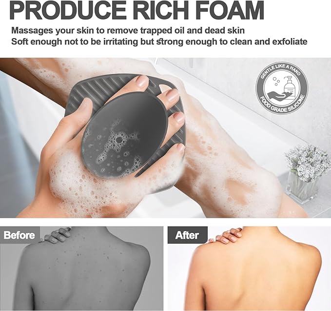 Silicone Body Scrubber, Gentle Texture Exfoliating Body Scrubber for Men and Women On Sensitive Skin, Soft Scrubber Produces Rich Form and Builds Up Lather, Getting a Deep Skin Clean (Gray)