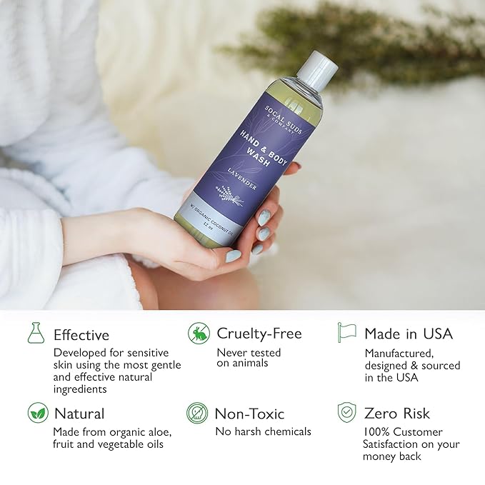 SoCal Suds & Company - 12oz Organic Soap Liquid, Gentle Hand & Body Wash, Organic Body Wash for Men and Women, Made w/Organic Oils & Coconut Oil, Bath Essentials for All Skin Types - 2pk Lavender
