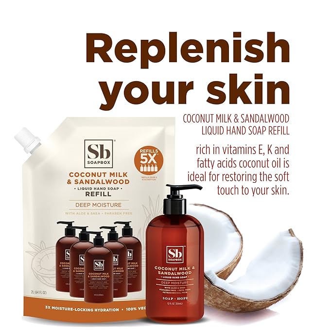 Soapbox Liquid Hand Soap Refill, Coconut Milk & Sandalwood, Vegan, Paraben Free, Moisturizing, Natural Hand Wash for Kitchen and Bathroom, 64oz Half Gallon Refill (Pack of 1)