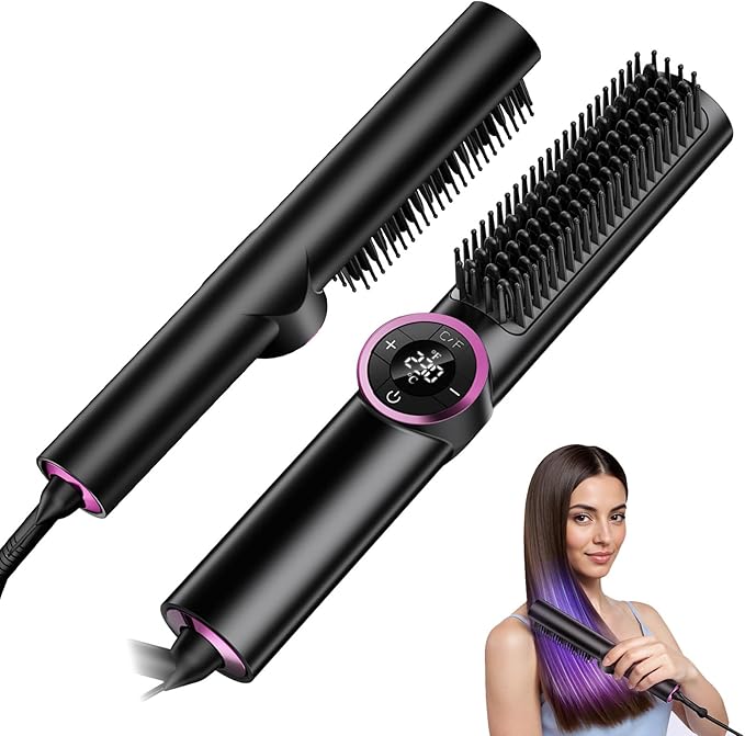 Hair Straightener Brush: Upgraded Straightening Comb with Dual Voltage, 16 Temperature Settings & LED Display