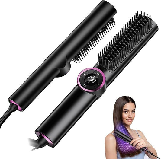Hair Straightener Brush: Upgraded Straightening Comb with Dual Voltage, 16 Temperature Settings & LED Display
