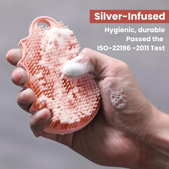 Silicone Body Scrubber Silver-Infused Dual-Sided 3-in-1 for Shower, Body Cleaning+Massage+Exfoliator Body Brush Buffer for Men and Women, Silicone Loofah, Non-Slip Handle (Pink)