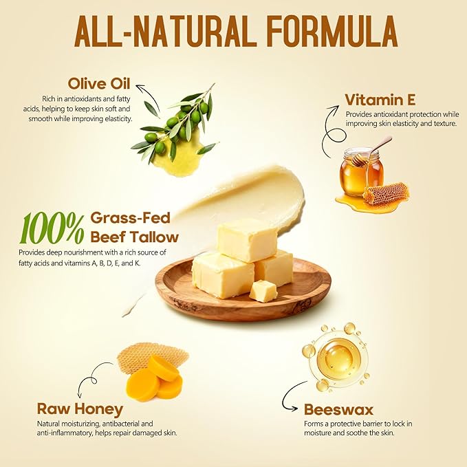 Beef Tallow for Skin, Beef Tallow and Honey Balm, 100% Organic Grass-Fed Beef Tallow Balm, Face & Body Moisturizer, Deeply Nourishment for Dry, Cracked, Sensitive Skin, Natural Formula (4 Oz)