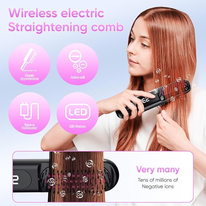 Straight Hair Comb,Wireless, LED Display, Multi Level Temperature Control Hair Straightener, Straightening Iron,Hot-Air Hair Brushes