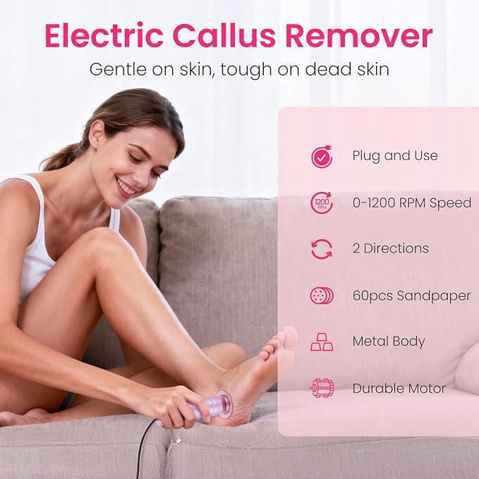 Electric Foot Callus Remover with 60 Pcs Sandpaper Discs, Adjustable Speed Electric Foot File Grinder, Professional Pedicure Tool for Dead Skin & Cracked Heel