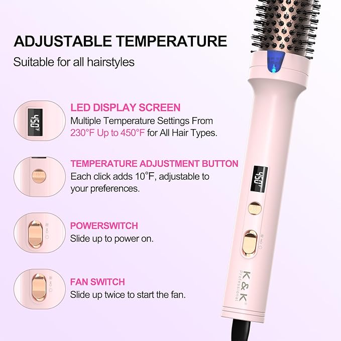 K&K 1.7 Inch Cool-AIR TECH Hair Styling Tool Bounce Brush, Heated Thermal Round Brush with Negative Ion Technology, Multiple Heat Settings for Blowout Look with Hair Care Oil, Temperture Contronal