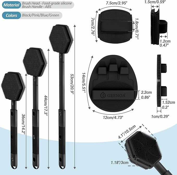 Silicone Back/Face Scrubber & Bath Glove Set 3PCS, Extendable Back Scrubber with Dual-Side Large Head, 360° Anti-Slip Bath Glove, Unique Side-bristle Face Scrubber for All-round Cleaning(Black)