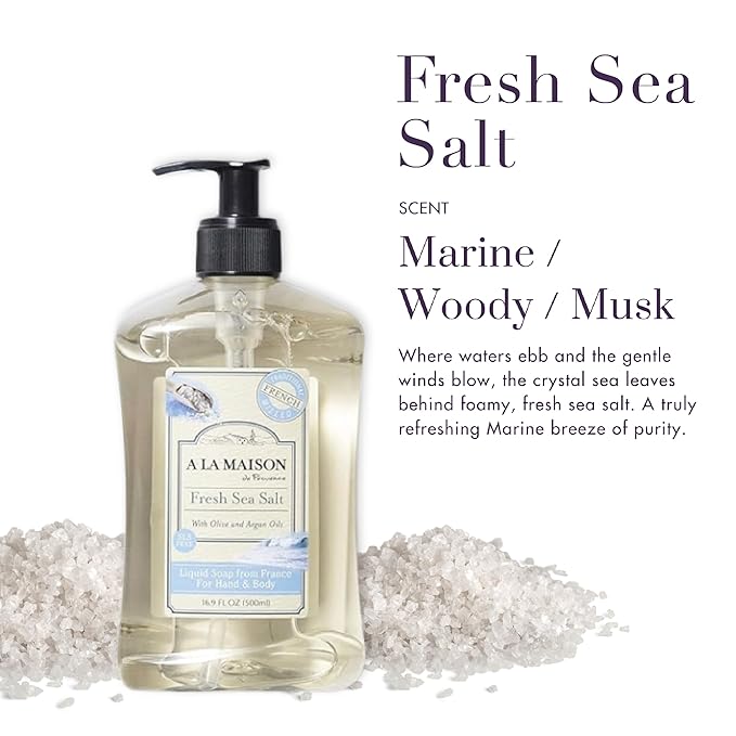 A LA MAISON French Liquid Hand Soap, Fresh Sea Salt - Natural Hand Wash Made with Essential Oils - Biodegradable, Plant-Based, Vegan, Cruelty-Free, Alcohol & Paraben Free (16.9 oz, 3 Pack)