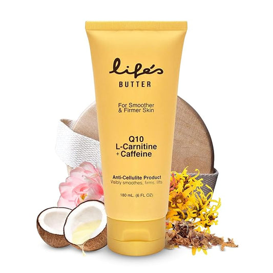 LIFE'S BUTTER Anti-Cellulite Cream - 100% Natural - Made in USA - Cruelty-Free Hypoallergenic - Best Cellulite Reduction - Skin Firming + Tightening for Women L-Carnitine + CoQ10 – 6oz + Body Brush