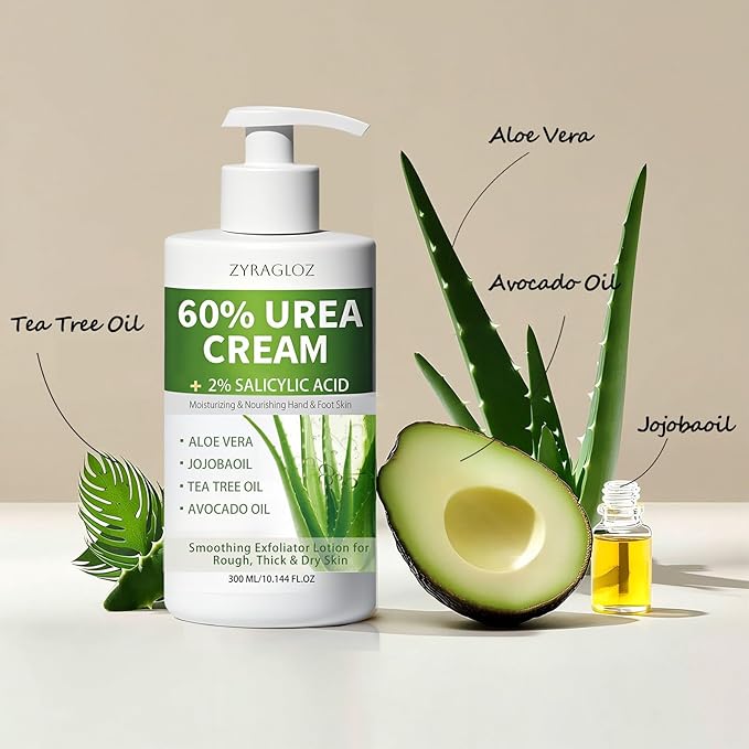 60% Urea Cream with 2% Salicylic Acid, Urea Cream 60 Percent for Feet & Hands, Maximum Strength Moisturizer Foot Lotion for Dry Cracked Heels Feet Knees Elbows Hands, Callus Remover, 10.1 fl oz