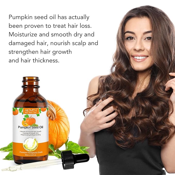 Pumpkin Seed Oil, Pumpkin Seed Essential Oil for Hair Growth & Dry Damaged Hair, Strengthen Hair Thickness, Nourish Hair scalp, Moisturizer Serum for Skin, Face & Body, 2.02 Fl Oz