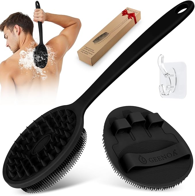 Silicone Back Scrubber & Bath Glove Set 2PCS, 13.4'' Gentle Shower Back Scrubber with Dual-Side Head Non-Slip Handle, 360° Anti-Slip Hand-fit Bath Glove for Rich Foaming Deep Cleaning(Black)
