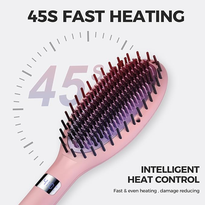 Ionic Hair Straightener Brush – Ceramic Straightening Brush with 6 Temp Settings, LCD Display, Auto-Off, Dual Voltage Flat Iron with Anti-Scald Design, Pink
