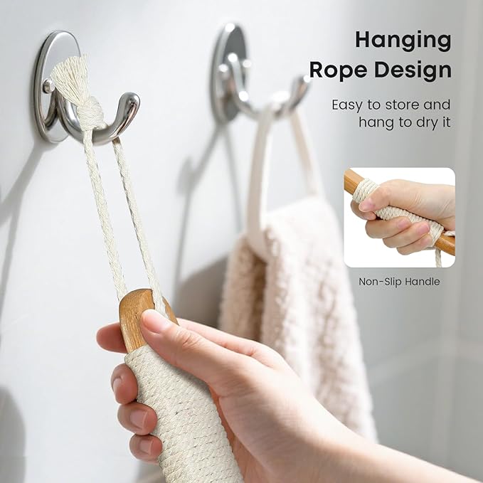 Bamboo Back Scrubber with Curved Long Handle, 17.3 Inches Exfoliating Shower Brush with Stiff Bristles for Men and Women, Back Washer Body Exfoliator for Bath or Dry Brushing