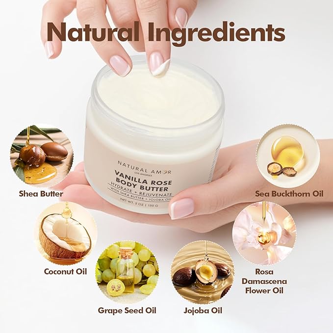 Natural Amor Vanilla Rose Body Butter with Shea Butter & Jojoba Oil – Deep Moisturizing Cream for Dry Skin – Non-Greasy Daily Skincare for Women & Men – 5oz