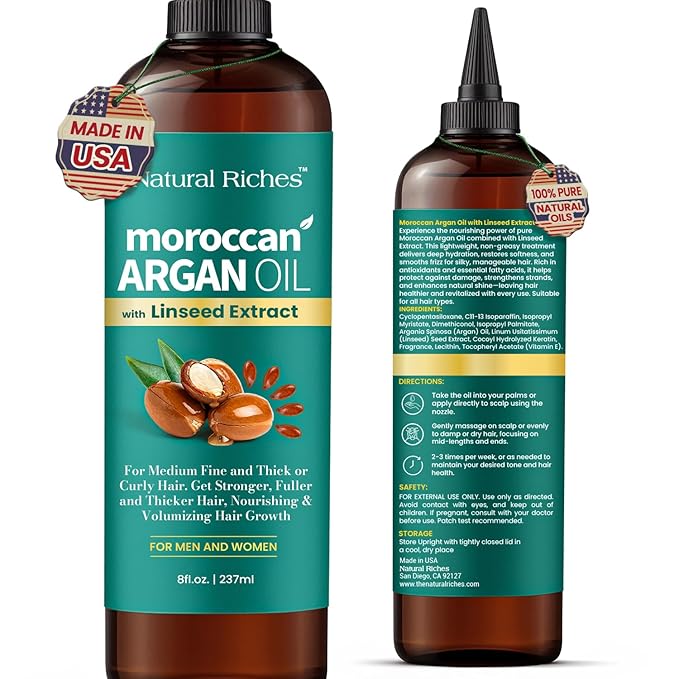 Natural Riches Moroccan Argan Oil Hair Treatment with Linseed Extract – Smooths Frizz, Detangles, Conditions & Boosts Shine – Deep Hydration for Dry, Damaged, Curly & Color-Treated Hair – 8 fl oz