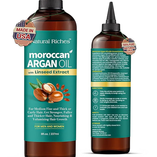 Natural Riches Moroccan Argan Oil Hair Treatment with Linseed Extract – Smooths Frizz, Detangles, Conditions & Boosts Shine – Deep Hydration for Dry, Damaged, Curly & Color-Treated Hair – 8 fl oz
