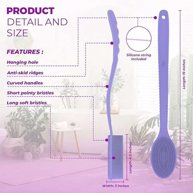 Silver Infused Long Handle Back Scrubber - 19 inch Premium Extended Reach Body Brush - Avilana Advanced Material Bath Tool Easy Grip - Luxury Body Wash Brush Gift