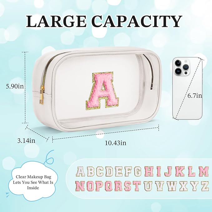 YOOLIFE Initial Birthday Gifts for Girls Kids Toiletry Bag Clear Makeup Bag Preppy Cosmetic Bag Birthday Gifts for 7 8 9 10 11 12 13 Year Old Girls Christmas Stocking Stuffers White S