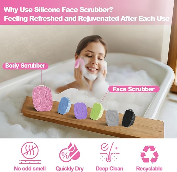 Soft Silicone Body Scrubber, Gentle Like a Hand Exfoliating Your Skin and Build Up Lather, Back Large Suction Cup Easy to Store, & Deep Clean (Body Scrubber + Face Scrubber Pink)