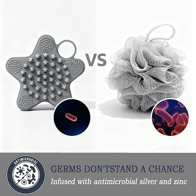 LUCKSTELLA 2 in 1 Silicone Body Scrubber, Food-Grade Silicone Body Brush for Shower, Gentle Exfoliating and Lather Well, Gentle Scrubber for Sensitive Skin, Easy-to-Clean(Grey,1-Pack)