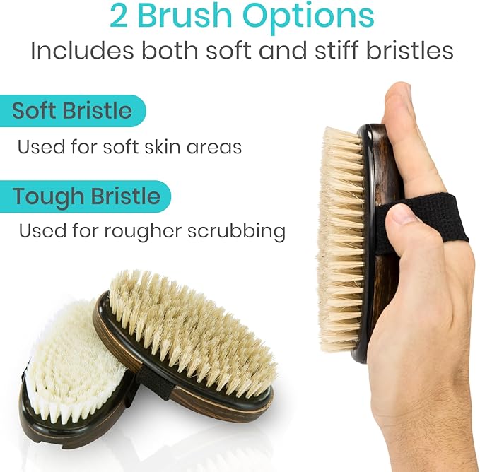Vive Dry Brush Set for Lymphatic Drainage (3 Pieces) - Brushing Scrubber for Exfoliating, Body Cellulite and Skin Massage - 100% Natural Boar Hair Bristles, 14” Long Dark Wooden Handle w/Storage Bag