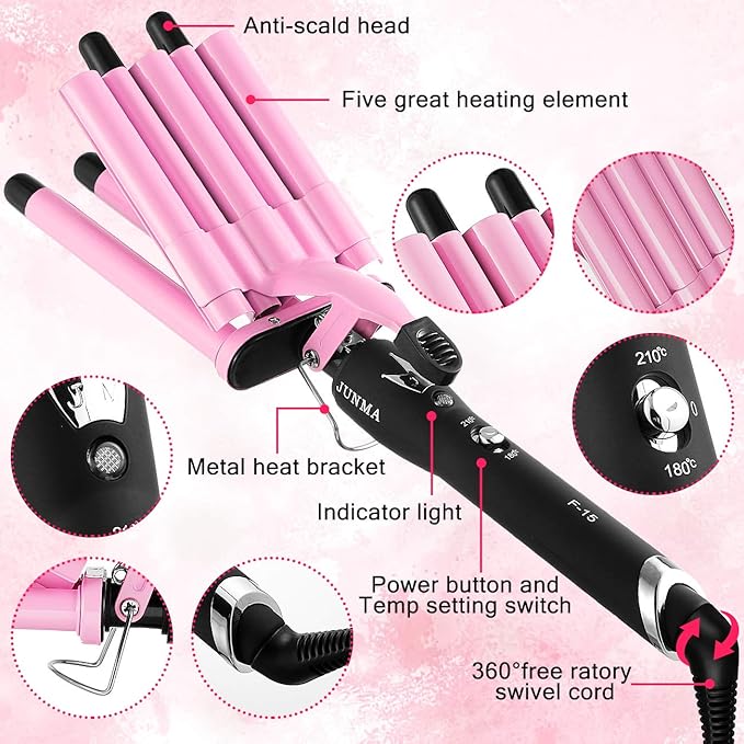 Hair Curling Iron 5 Barrel Hair Crimper 16mm Curling Wand Two-Gear Temperature Adjustable Ceramic Curler Curling Iron Waver with Heat Resistant Gloves