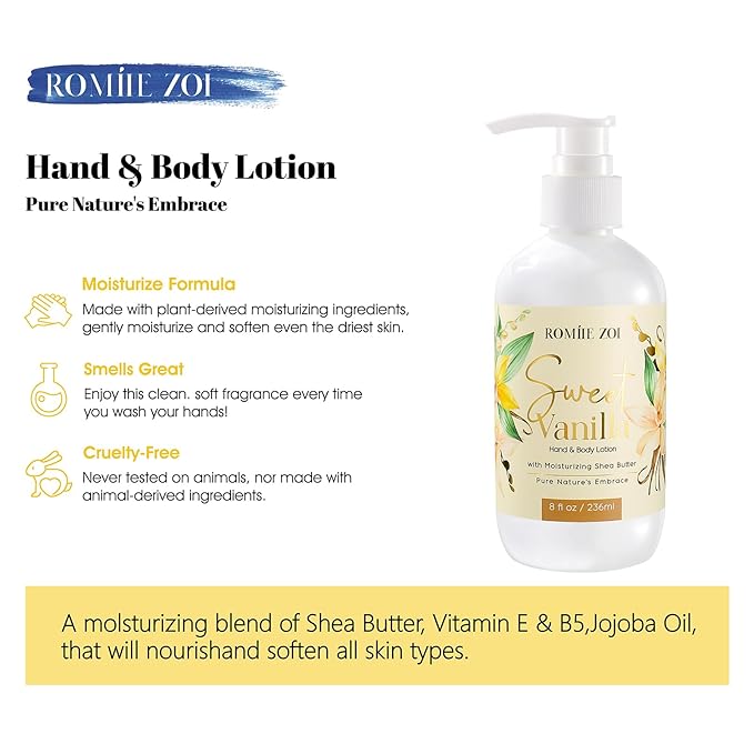 ROMIIE ZOI Daily Hand & Body Lotion with Moisturizing Shea Butter for All Skin Type- Sweet Vanilla - 236 ML / 8 FL OZ