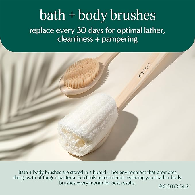 EcoTools Loofah Bath Brush with Long, Ergonomic Bamboo Handle + Green Delicate EcoPouf Made with Recycled Netting for Cleansing & Exfoliating Sensitive Skin, Self-Care Gifts