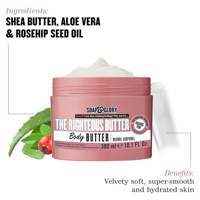 Soap & Glory The Righteous Body Butter - Hydrating Body Moisturizer for Dry Skin with Shea Butter, Vitamin E & Aloe Vera - Rich Lotion for Women - Vegan & Cruelty Free (10.1 fl oz)