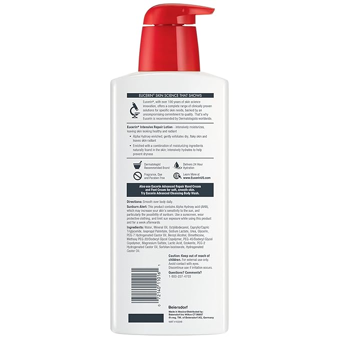 Eucerin Intensive Repair Body Lotion for Dry Skin with Alpha Hydroxy, Moisturizes, Exfoliates and Conditions, Fragrance Free and Paraben Free, Holiday Gifts for Self Care, 16.9 Fl Oz Bottle