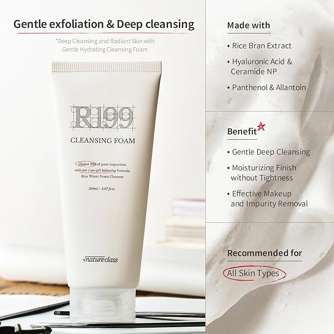 R199 Rice Enzyme Cleansing Foam – Deep Cleanser for Sensitive Skin, Blackhead & Pore Care, Double Cleansing, Aloe & Hyaluronic Acid, Korean Skin Care, Fragrance Free, 5.07 fl oz