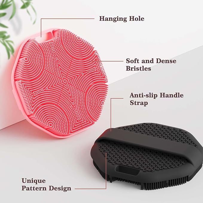 Manmihealth Soft Silicone Body Scruuber & African Bath Sponge Net Set, Gentle-Cleansing Shower Brush & Exfoliating Mesh Combination, Lathering Well Africa Wash Net Shower Scrubber (Black+Pink)