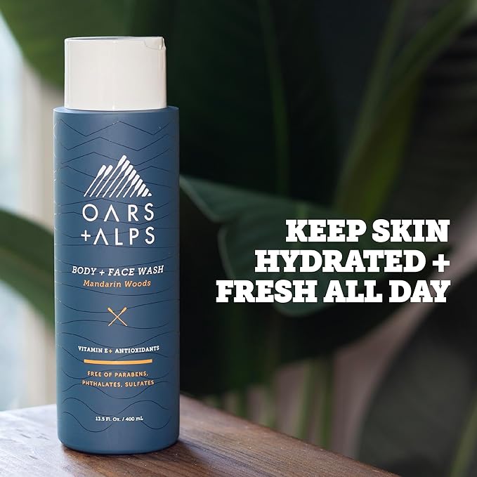 Oars + Alps Mens Moisturizing Body and Face Wash, Skin Care Infused with Vitamin E and Antioxidants, Sulfate Free, Mandarin Woods, 13.5oz, 2 Pack