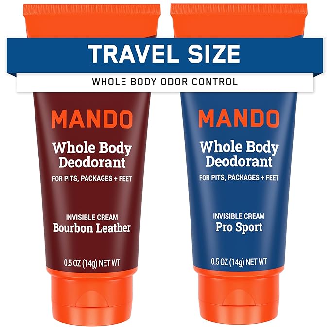 Mando Whole Body Deodorant For Men - XS Travel-Sized Invisible Cream Tube - 72-Hour Odor Control - Aluminum-Free, Baking Soda-Free - 0.5 ounce Tubes (Pack of 2) - Bourbon Leather and Pro Sport Scents