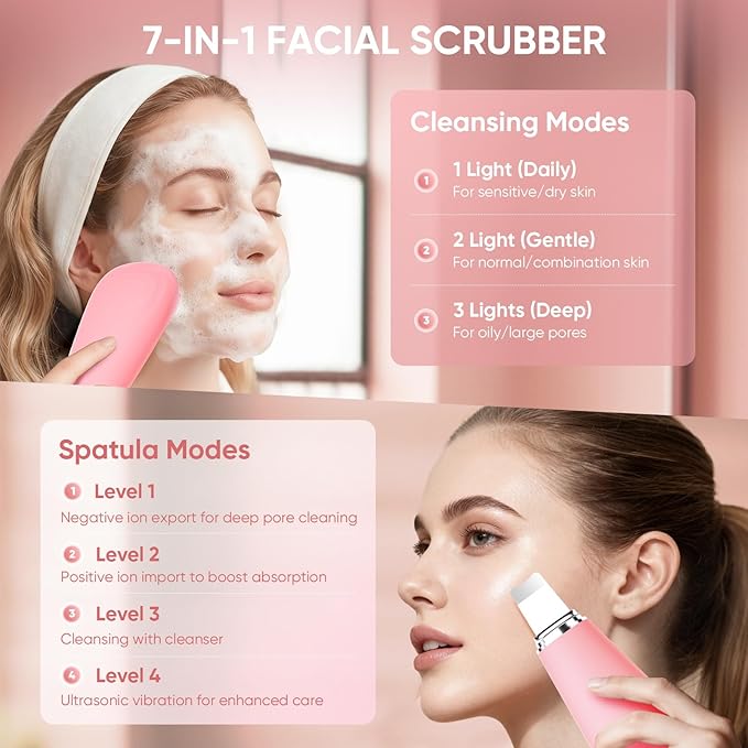 Silicone Face Scrubber Blackhead Scraper Rechargeable 2-in-1 Facial Cleansing Brush & Skin Spatula Duo, IPX7 Waterproof Exfoliating Massager Deep Cleansing for Women and Men（Peachy Pink）