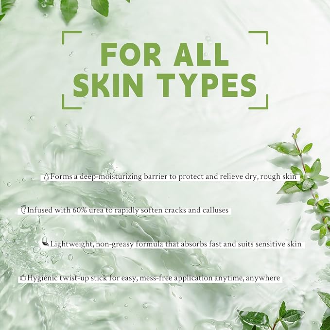 60% Urea with 2% Salicylic Acid Foot Hand Care Stick with Aloe Vera & Tea Tree - Urea Cream for Dry Cracked Feet Hands Heels Elbows Knees, Provides Deep Hydration and Softens Dead Skin, 1.41 oz