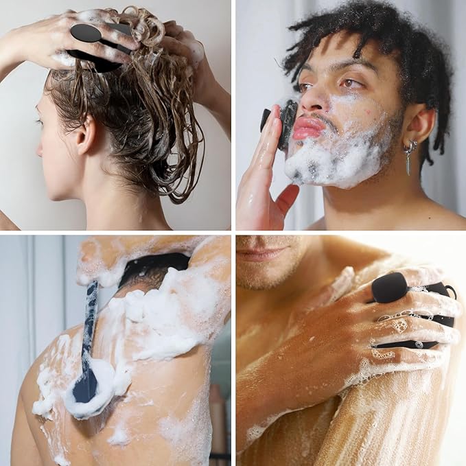 Silicone Body Scrubber Set, Includes Back & Body Scrubbers, Face Brush, Scalp Massager, 4 Storage Hooks, Shower & Bathroom Hygiene Accessories for Present(Black)