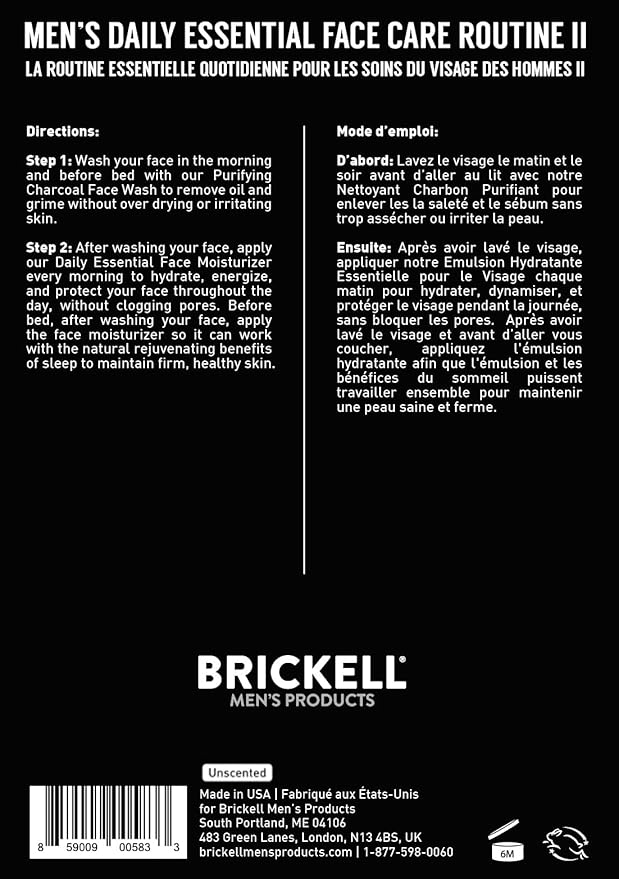 Brickell Men's Daily Essential Face Care Routine II, Purifying Charcoal Face Wash and Daily Essential Face Moisturizer, Natural and Organic, Unscented, Skincare Gift Set