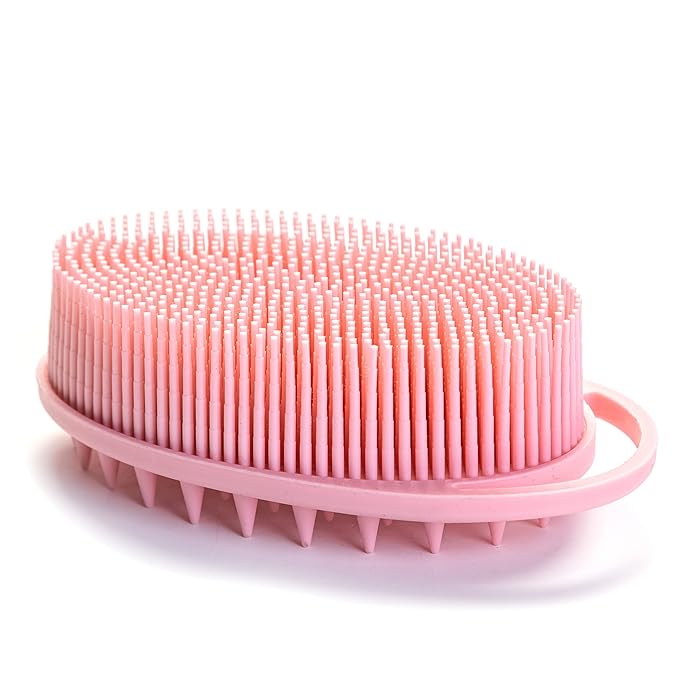 Premium Sensory Brush for Kids or Autism,Soft Silicone Body Scrubber,2 in 1 Sensory Room Occupational Therapy Brushes,Silicone Loofah,Pets Shower Brush Bath Brush Shampoo Brush(hangable-Spikes-Pink)