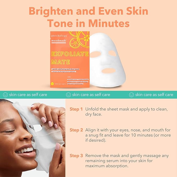 Patchology Exfoliate Mate Face Mask - Exfoliating Facial Sheet Masks w/Papaya & Lactic Acid Serum, Removes Dead Skins & Unclogs Pores for Smooth & Brighter Skin - Ultimate Skincare Solution (4 Count)