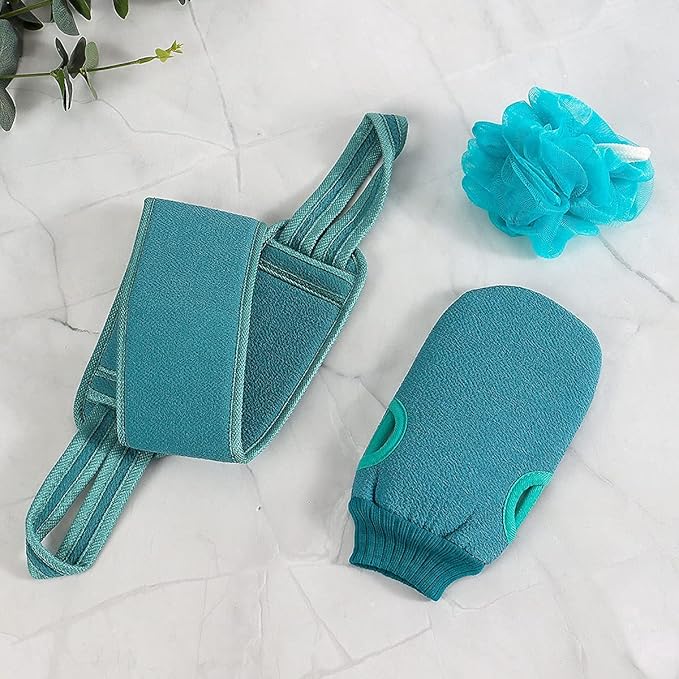 3 Pcs Exfoliating Back Scrubber for Shower, Exfoliating Gloves and Loofah Sponge Set, Body Scrubber Body Brush Set for Men and Women, Deep Clean and Massage Your Body (1 Set, Green)