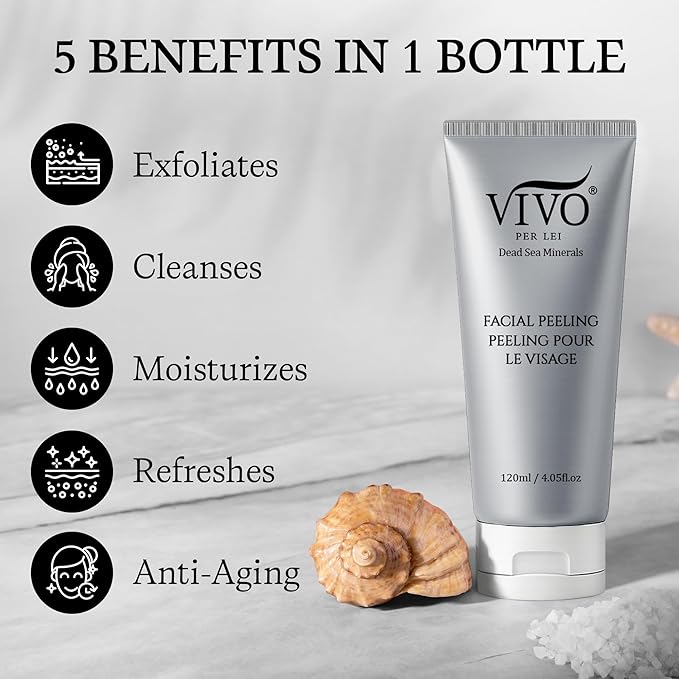 Vivo Per Lei Facial Peeling Gel - Contains Dead Sea Minerals and Nut Shell Powder - Gentle Face Exfoliator Scrub and Blackhead Remover - Peel Your Skin to a Fresher You - 4.05 Fl oz.