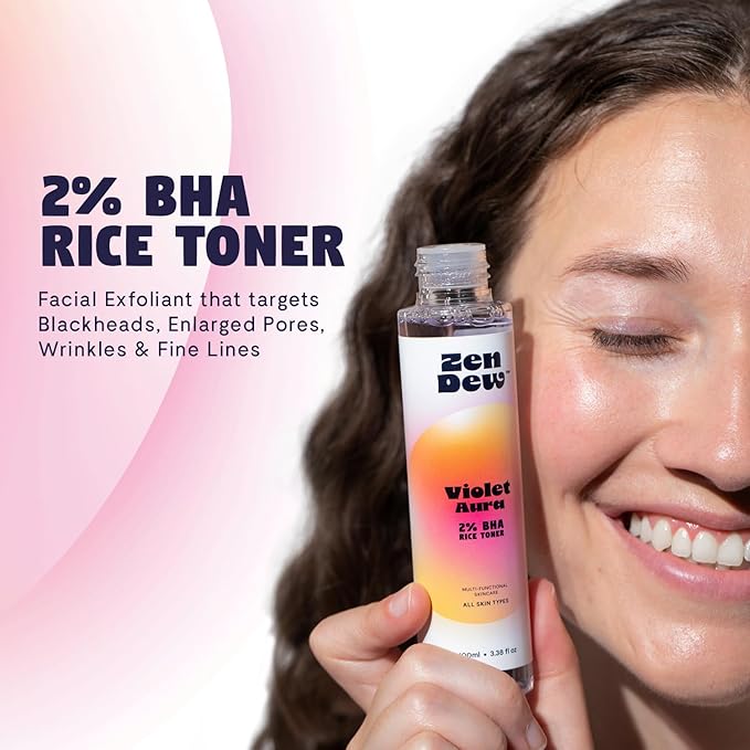 Violet Aura - 2% BHA Exfoliating Toner with Salicylic Acid for Sensitive Skin. Gentle, Hydrating Formula. 2% Niacinamide, Rice Extract & Azulene. Glass Skin, Smoother Texture & Barrier Support