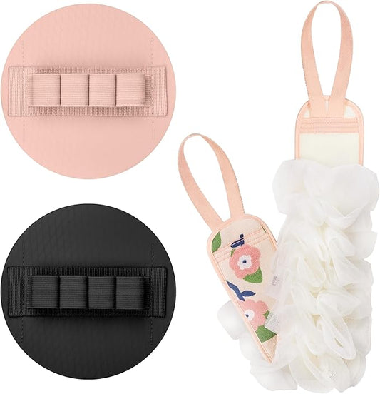 3-Pack Bath Scrubber Kit: 2 Silicone Exfoliating Pats & Double-Sided Long Handle Back Scrubber Bath Puff for Deep Cleansing. (Pink & Black & Pink)